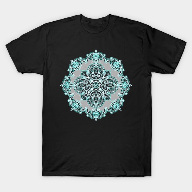 Teal and Aqua Lace Mandala on Grey T-Shirt by micklyn